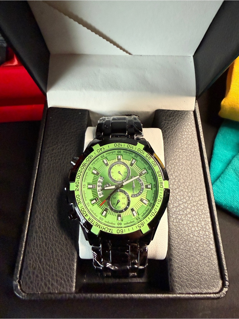 Green Dial Black Stainless Steel Sport Watch